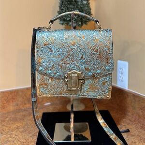 Patricia Nash Carisbrooke Metallic Forest Tooled Leather Satchel/crossbody